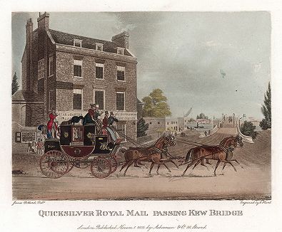 Легендарная и самая быстрая карета Королевской почтовой службы "Quicksilver"  следует мимо моста Кью-бридж в Лондоне. Репринт 1927 года с акватинты 1835 года. 