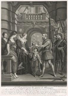 Учреждение регентства. Уезжая на войну в Германию, Генрих IV передаёт королеве право управлять Францией от имени их малолетнего сына. Гравюра с картины Питера Пауля Рубенса.