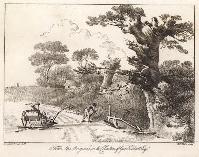 Пейзаж с плугом и крестьянином, собирающим хворост. Гравюра с рисунка знаменитого английского пейзажиста Томаса Гейнсборо из коллекции Дж. Хибберта. A Collection of Prints ...of Tho. Gainsborough, Лондон, 1819. 