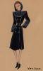 Двубортное чёрное пальто с меховой пелеринкой и капюшоном Ventose из коллекции осень-зима 1942-43 года парижского дизайнера Мари-Луиз Брюйер (собственноручная гуашь автора). Уникальный документ истории моды времен Второй мировой войны 
