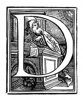 Инициал (буквица) D. Исполнил Ганс Бургкмайр для Martin Luther / Neues Testament. Издал Сильван Отмар, Аугсбург, 1523.
