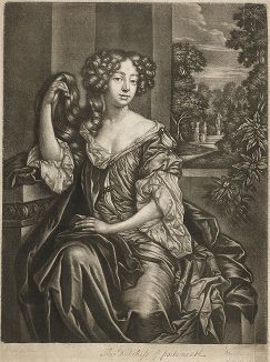 Портрет Луизы Рене де Керуаль (1649-1734), герцогини Портсмутской  и фаворитки Карла II. Меццо-тинто Пауля ван Сомера по оригиналу Питера Лели, ок. 1680 года. Пробный отпечаток до всех надписей. 