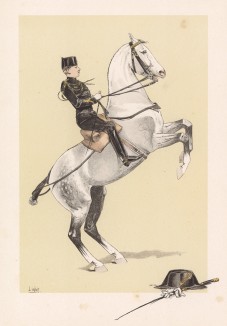 Замдиректора французского манежа середины XIX века господин N унимает яростного коня по кличке Аристофан (из "Иллюстрированной истории верховой езды", изданной в Париже в 1891 году)