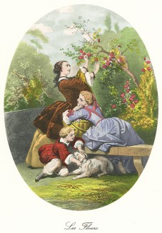 Дама с детьми собирает цветы в саду. Из альбома литографий Paris. Miroir de la mode, посвящённого французской моде 1850-60 гг. Париж, 1959