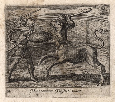 Тесей побеждает Минотавра. Гравировал Антонио Темпеста для своей знаменитой серии "Метаморфозы" Овидия, л.74. Амстердам, 1606