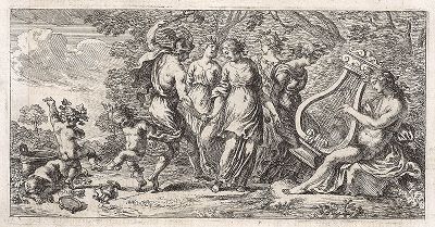Меркурий, танцующий с Прилежанием и Славой под аккомпанемент Аполлона.