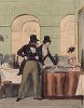 Сцена в ресторане: молодые люди спорят об оплате по счету. Французская литография 1840-х годов. 