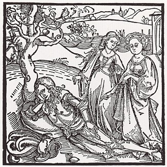 Рыцарь де Ла Тур спит в своем саду, а его дочери прогуливаются (иллюстрация к книге "Рыцарь Башни", гравированная Дюрером в 1493 году)