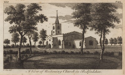 Вид на церковь Уэстонинг в графстве Бедфордшир (из A New Display Of The Beauties Of England... Лондон. 1776 год. Том 1. Лист 294)
