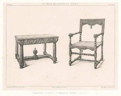 Резные французские стол и кресло из ореха, XVII век. Meubles religieux et civils..., Париж, 1864-74 гг. 