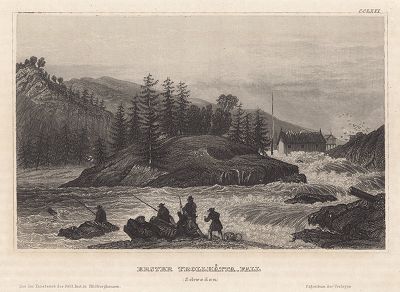 Первый водопад на реке Гёта-Эльв в Швеции. Meyer's Universum, Oder, Abbildung Und Beschreibung Des Sehenswerthesten Und Merkwurdigsten Der Natur Und Kunst Auf Der Ganzen Erde, Хильдбургхаузен, 1839 год.