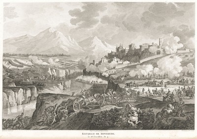 Сражение при Роверето (Ровередо) 4 сентября 1796 года. Гравюра из альбома "Военные кампании Франции времён Консульства и Империи". Campagnes des francais sous le Consulat et L'Empire. Париж, 1834