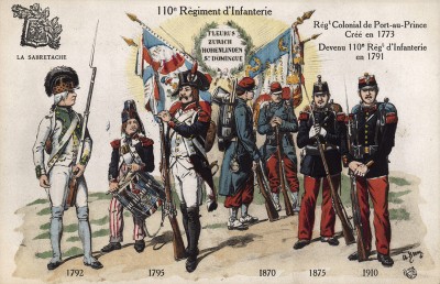 1792-1910 гг. Мундиры и знамена 110-го пехотного полка французской армии, сформированного в 1773 г. и сражавшегося при Флерюсе, Цюрихе, Гогенлиндене и Санто-Доминго. Коллекция Роберта фон Арнольди. Германия, 1911-29