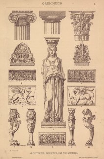 Различные архитектурные элементы древнегреческих храмов (Эрехтейон и другие) (лист 4 альбома "Сокровищница орнаментов...", изданного в Штутгарте в 1889 году)