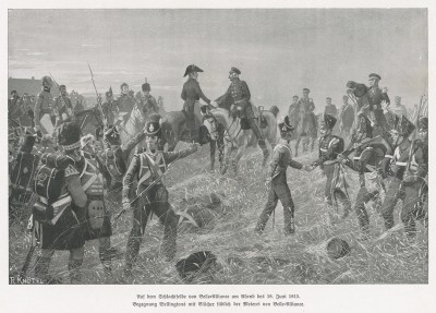 Победители Наполеона герцог Веллингтон и фельдмаршал Блюхер встречаются на поле битвы при Ватерлоо 18 июня 1815 г. Илл. Рихарда Кнотеля, Die Deutschen Befreiungskriege 1806-15. Берлин, 1901