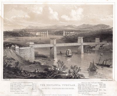 Вид на туннельный мост Британия и подвесной мост на проливом Менай. 