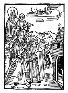 Прощание Святого Вольфганга с церковью. Из "Жития Святого Вольфганга" (Das Leben S. Wolfgangs) неизвестного немецкого мастера. Издал Johann Weyssenburger, Ландсхут, 1515