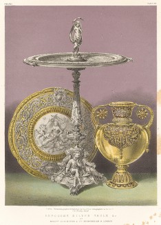 Чеканные серебряные вазы и блюда от Messrs Elkington & Co. Блюдо "Розеуотер", исполненное мастерами этой фирмы, вручается победительнице Уимблдонского турнира по сей день. Каталог Всемирной выставки в Лондоне 1862 года, т.2, л.102.