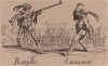 Рацулло и Кукареку (Razullo - Cucurucu). Из цикла офортов конца 19 века, выполненного по серии гравюр Жака Калло "Balli Di Sfessania" (Танцы беззадых (бескостных)), в которой он изобразил персонажей итальянской "Комедии дель Арте"