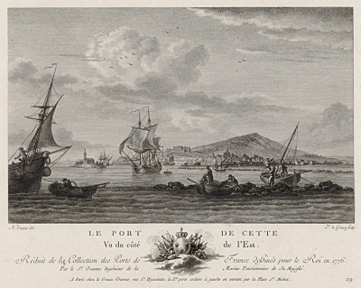 Вид на порт Сет с восточного берега (лист 29 из альбома гравюр Nouvelles vues perspectives des ports de France..., изданного в Париже в 1791 году)