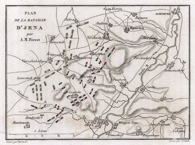 План сражения при Иене 14 октября 1806 г. Составил французский картограф Аристид-Мишель Перро. На плане показаны боевые порядки французской армии под началом Наполеона, общей численностью около 100000 человек