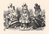 Всё было так странно, что она ничуть не удивилась, увидав, что с одной стороны от неё сидит Чёрная Королева, а с другой - Белая (иллюстрация Джона Тенниела к книге Льюиса Кэрролла «Алиса в Зазеркалье», выпущенной в Лондоне в 1870 году)