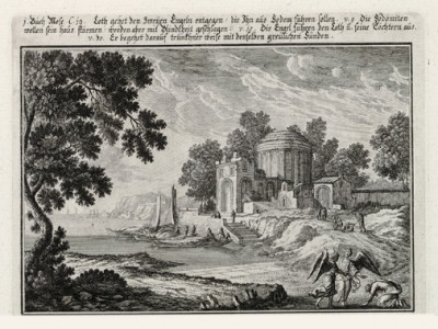 Ангел выводит Лота из Содома (из Biblisches Engel- und Kunstwerk -- шедевра германского барокко. Гравировал неподражаемый Иоганн Ульрих Краусс в Аугсбурге в 1700 году)