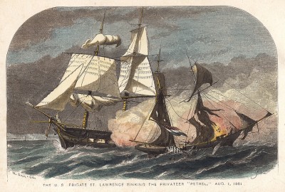 Американский фрегат St. Lawrence топит пиратский корабль "Petrel". Ксилография по мотивам иллюстрации из Harper's Weekly. 1864 г. 