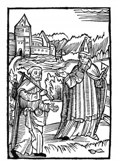 Святой Вольфганг удаляется в горы. Из "Жития Святого Вольфганга" (Das Leben S. Wolfgangs) неизвестного немецкого мастера. Издал Johann Weyssenburger, Ландсхут, 1515