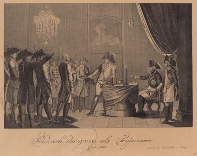 Король Пруссии Фридрих II на заседании масонской ложи в 1740 году (с гравюры середины XVIII в.). Берлин, 1900-е гг.