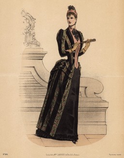 Чёрный дамский туалет с кружевным жабо. Из французского модного журнала Le Coquet, выпуск 259, 1889 год