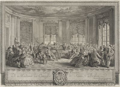 Концерт. Гравюра Антуана-Жана Дюкло по рисунку Огюстена де Сен-Обена, 1774 год. 