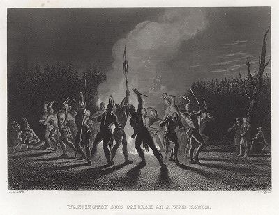 Джордж Вашингтон и Брайан Ферфакс наблюдают за ритуальным танцем индейцев. Gallery of Historical and Contemporary Portraits… Нью-Йорк, 1876