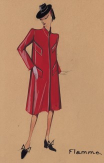 Однобортное пальто красной шерсти Flamme из коллекции осень-зима 1942-43 года парижского дизайнера Мари-Луиз Брюйер (собственноручная гуашь автора). Уникальный документ истории моды времен Второй мировой войны