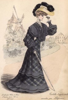 Осенний костюм из серой шерсти в клетку с воланами и спущенными рукавами. Les grandes modes de Paris, октябрь 1903 г.