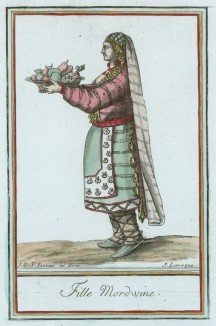 Традиционный костюм замужней женщины из Мордовии середины XVIII века (иллюстрация к работе Costumes civils actuels de tous les peuples..., изданной в Париже в 1788 году)
