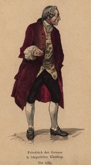 Фридрих Великий в бюргерском платье по моде 1780 года. Blätter für Kostümkunde. Берлин, 1878
