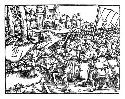 1388 г. Французский король Карл VI Безумный осаждает город Гельдерн, владение графа Нассау. Неизвестный немецкий мастер для Walter Isenberg / Die Erbkonigreiche. Издал H.Shoensperger, Аугсбург, 1520. Репринт 1931 г.