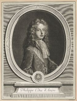 Портрет Филиппа герцога Анжуйского (1683-1746), впоследствии Филиппа V Испанского работы Жерара Эделинка по оригиналу Франсуа де Труа, 1698 года. 
