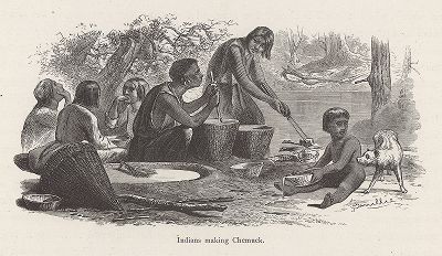 Индейцы готовят желудёвую кашу. Йосемити, штат Калифорния. Лист из издания "Picturesque America", т.I, Нью-Йорк, 1872.