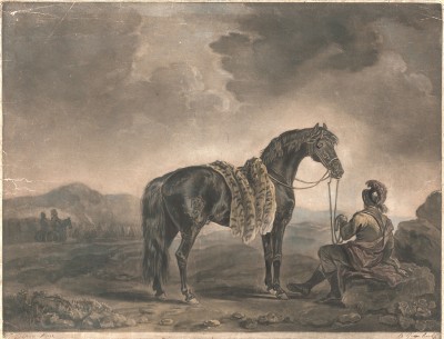 Отдыхающий солдат и его вороной конь. Меццо-тинто с живописного полотна британского художника Сорея Гилпина. Лондон, 1789