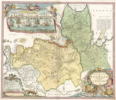 Ингерманландия. Ingermanlandiae seu Ingriae novissima Tabula... - per Homannianos Heredes (Norib[erga]). Карта составлена Иоганном Баптистом Гоманном. Нюрнберг, 1734 г.