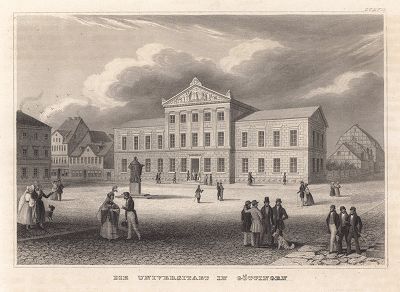 Гёттинген -- университетский город в Германии. Meyer's Universum, Oder, Abbildung Und Beschreibung Des Sehenswerthesten Und Merkwurdigsten Der Natur Und Kunst Auf Der Ganzen Erde, Хильдбургхаузен, 1838 год.