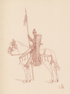 Французский рыцарь XII века (со средневековой миниатюры) (из "Иллюстрированной истории верховой езды", изданной в Париже в 1891 году)