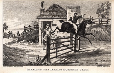 Турпин уклоняется от уплаты въездной пошлины и перепрыгивает через ворота в Хорнси. Turpin's Ride to York. Лондон, 1839