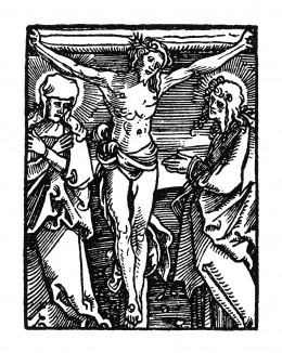 Распятие Иисуса Христа. Ганс Бальдунг Грин. Иллюстрация к Hortulus Animae. Издал Martin Flach. Страсбург, 1512