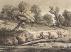 Пейзаж с мостом через реку и наездниками. Гравюра с рисунка знаменитого английского пейзажиста Томаса Гейнсборо из коллекции виконтессы Пальмерстон. A Collection of Prints ...of Tho. Gainsborough, Лондон, 1819. 