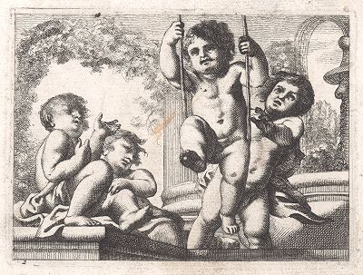 Малыши на качелях. Гравюра с оригинала известного фламандского художника и гравёра Корнелиса Схюта, ок. 1650 года