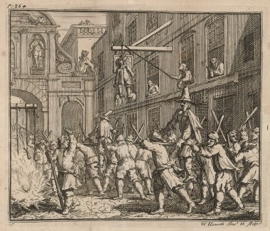 Сожжение охвостья у Темпл-Бар. Крестовый поход рыцаря Гудибраса и его оруженосца кончается плачевно. Чучело Ральфа приговаривают к повешению, а чучело Гудибраса сжигают. Иллюстрация к поэме «Гудибрас». Лондон, 1732