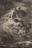 Сын Аркад встречает Каллисто -- свою мать, обращённую Герой из ревности в медведицу, и уже готов убить её, но Зевс возносит обоих на небо (гравюра из первого тома знаменитой поэмы "Метаморфозы" древнеримского поэта Овидия. Париж, 1767 год)